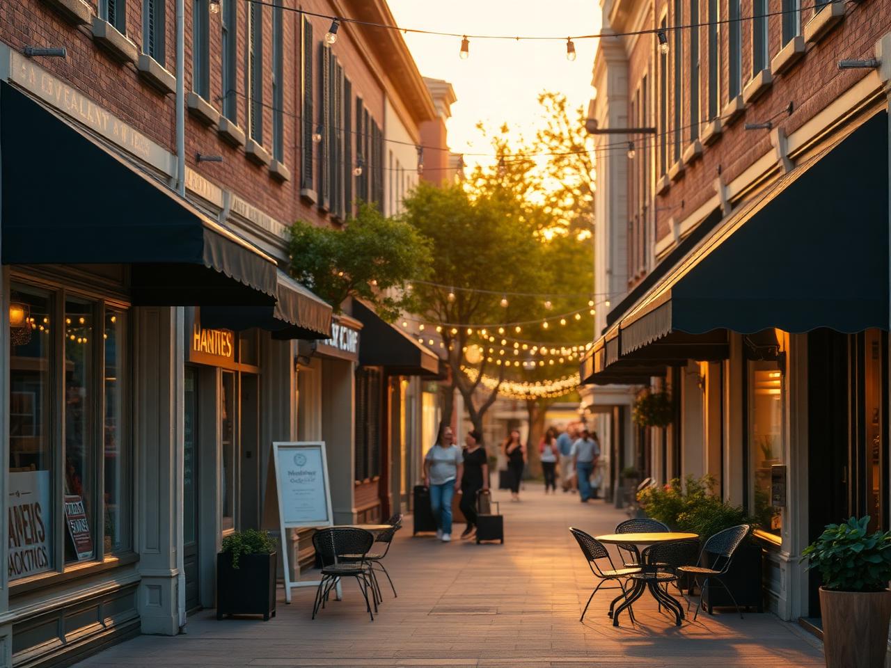 Boutique district main street at golden hour