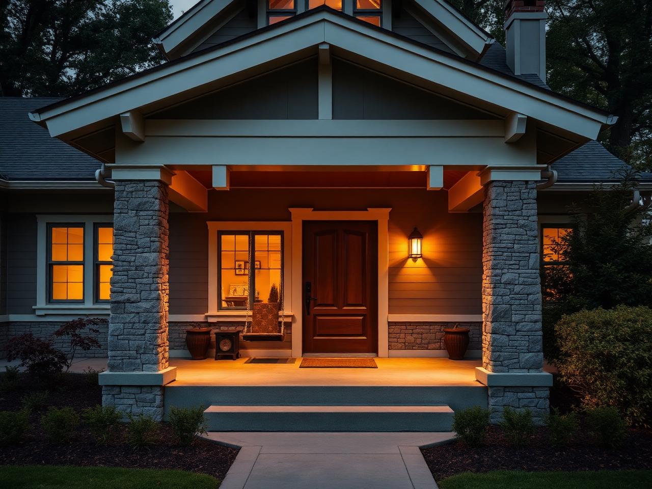 Craftsman home porch glowing warmly at dusk