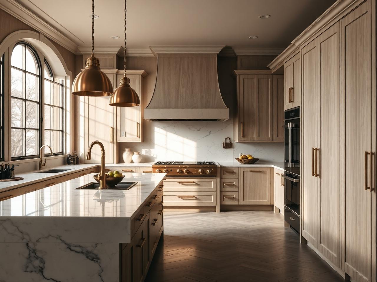 Elegant chef's kitchen with marble island and brass fixtures
