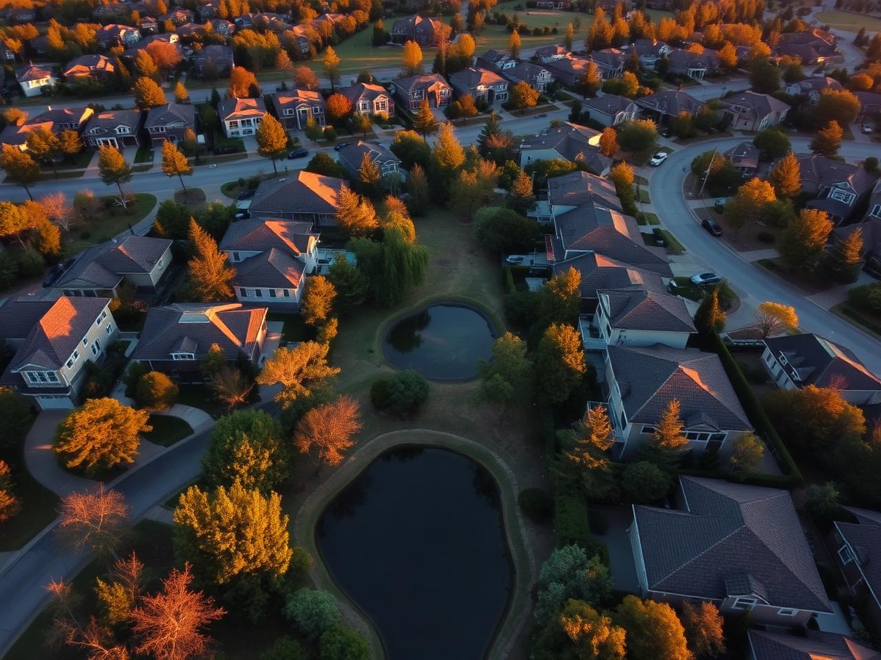 Aerial view of an upscale neighborhood at golden hour